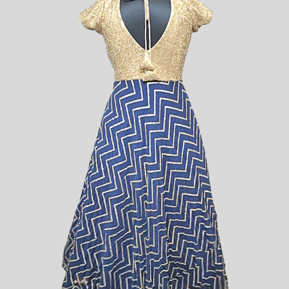 Navy Blue Golden Designer Gown - Picture 2 of 3